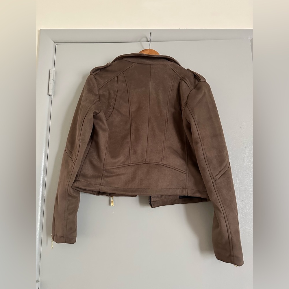 J2 by Jou Jou vegan leather moto biker jacket tan full zip women's size M - Picture 4 of 10